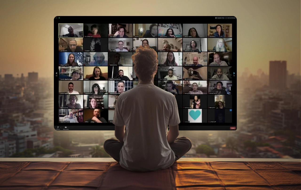 A person participating in an advanced online meditation program