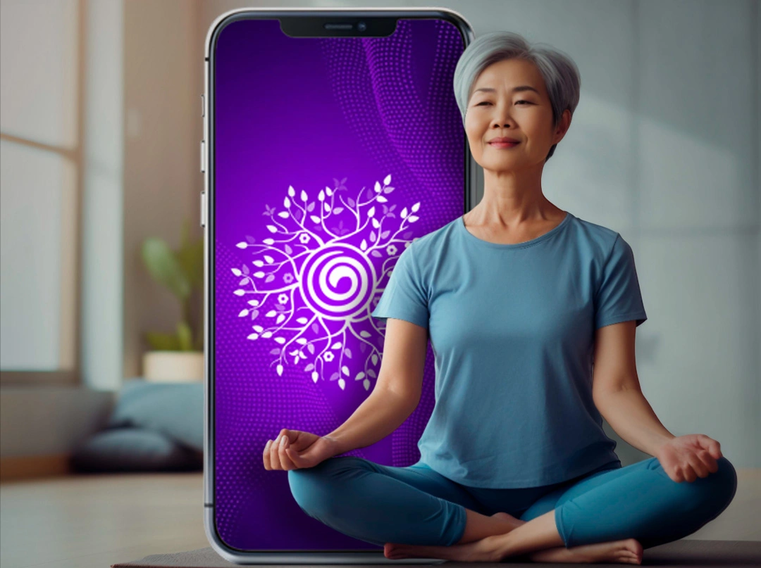 A woman practicing meditation beside a meditation mobile application