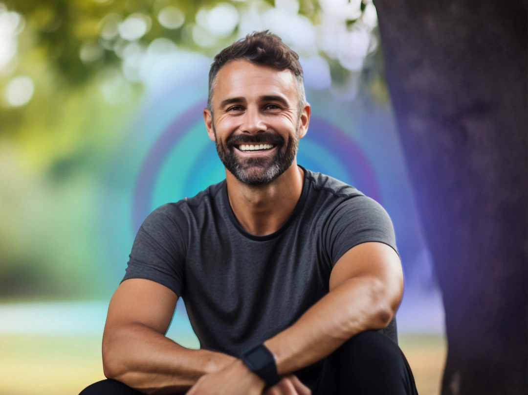 A relaxed man attending an online meditation program