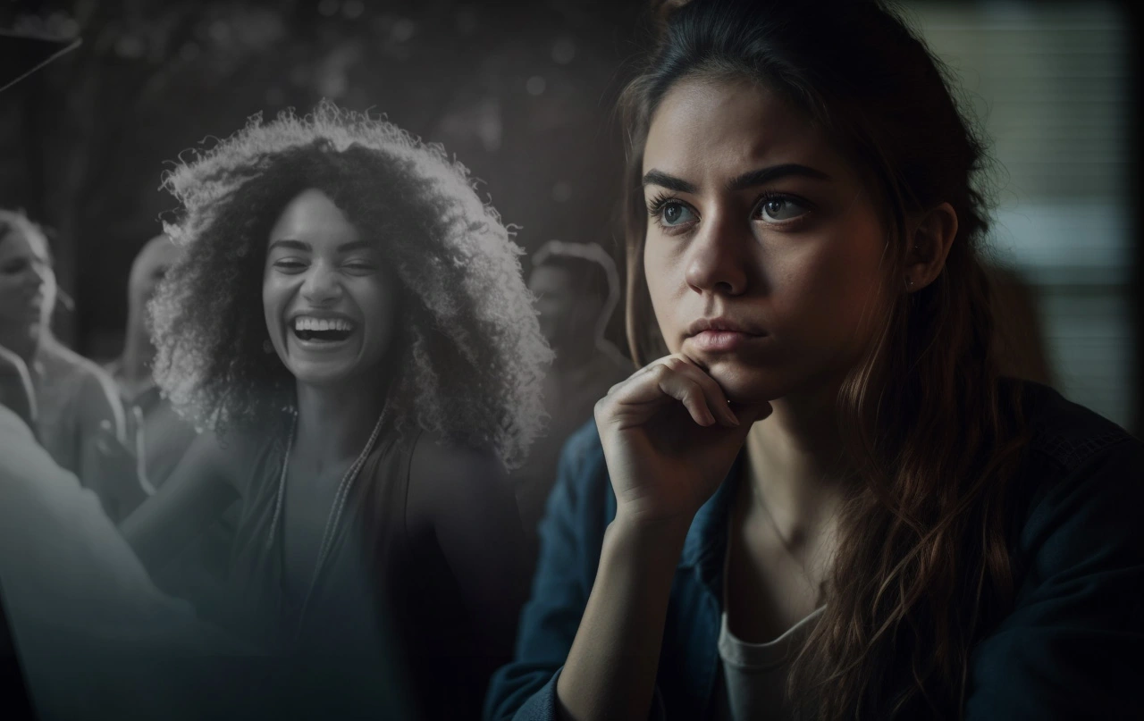 A woman reflecting while visualizing a happier and more confident version of herself