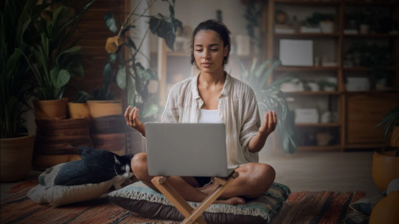 A woman attending a guided online meditation class at home