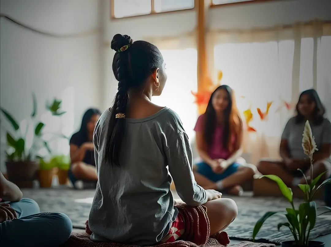 A woman accessing an online meditation class on her phone